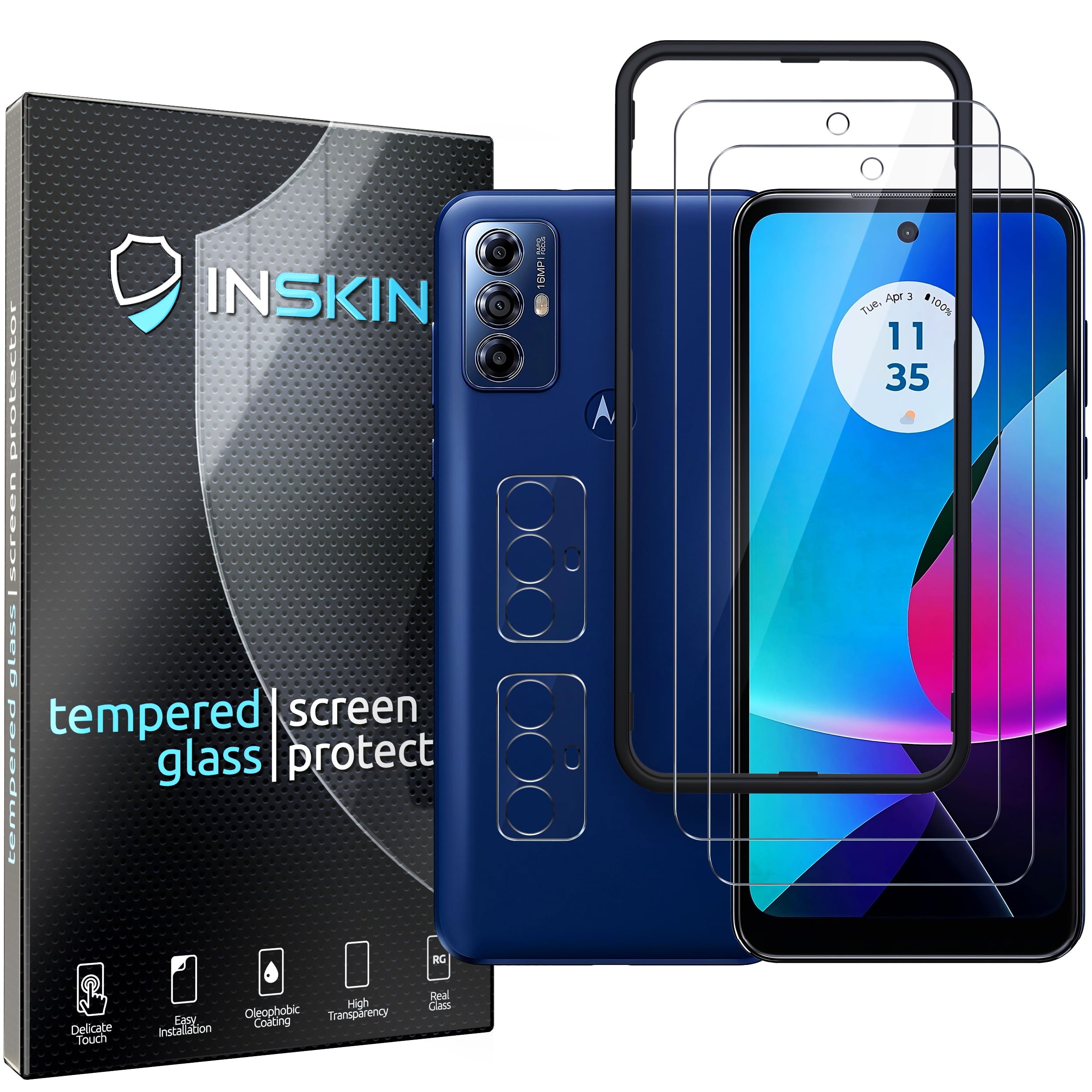 Inskin Tempered Glass Screen Protector for Motorola Moto G Play 6.5 inch [2023] - Ultimate 2+2 Bundle with Camera Lens Guard - Ultra HD, Case Compatible
