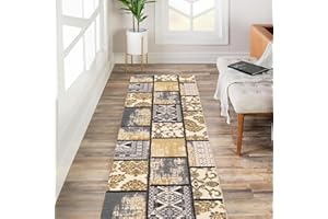 KAPAQUA Custom Size Grey Ivory Fancy Patchwork Rubber Backed Non-Slip Hallway Stair Runner Rug Carpet 22 inch Wide Choose Your Length 22in X 6ft