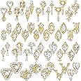 Maitys 54 Pieces Gold Nail Charms Rhinestones Heart Nail Charms Alloy 3D Dangle Nail Jewelry Charms Crystal Metal Nail Gems Flowers Studs for Christmas Nail DIY(Gold, Classic Style)