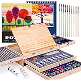Color More 85 Piece Deluxe Wooden Art Supplies, Art Kit with Easel, Sketching Pencils, Artist Brushes and Acrylic Pad, Art Set for Teens, Adults and Artist Beginners, Creative Gift with Wooden Case