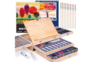 COLOR MORE 85 Piece Deluxe Wooden Art Supplies, Art Kit with Easel and Acrylic Pad, Art Set for Teens, Adults and Artist Beginners, Creative Gift Box with Wooden Case, Sketching Pencils, Artist Brushes