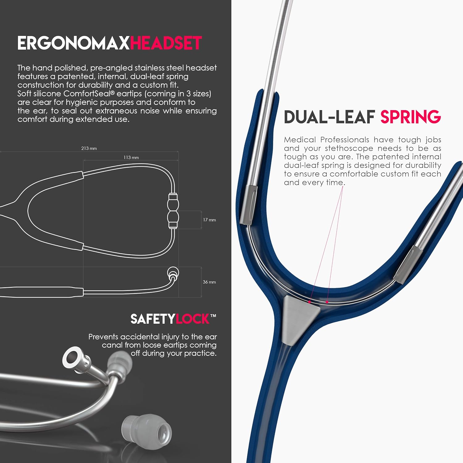 MDF Instruments, MD One Stainless Steel Premium Dual Head Stethoscope, Adult, Navy Blue Tube, Silver Chestpieces-Headset, MDF77704 - Image 4