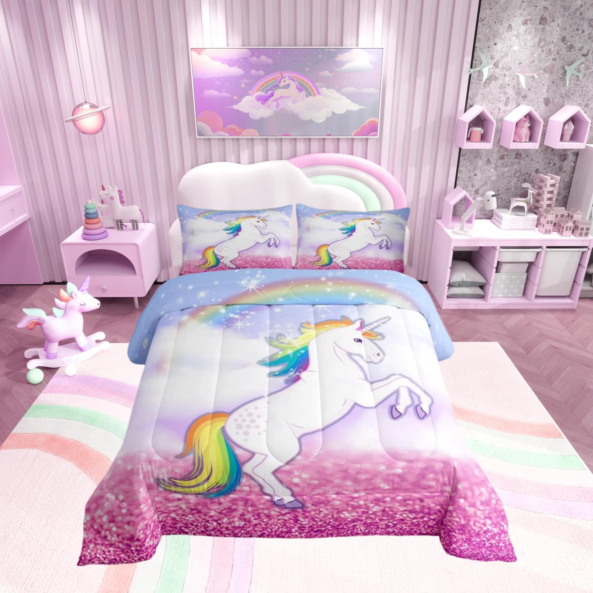 Loussiesd Dreamy Unicorn Bedspread Double Size Children Girls Pink Purple quilted Set Bed for Women Color Rainbow Horse With 1 Pillowcase Soft Microfiber Winter Summer Down Duvet Insert