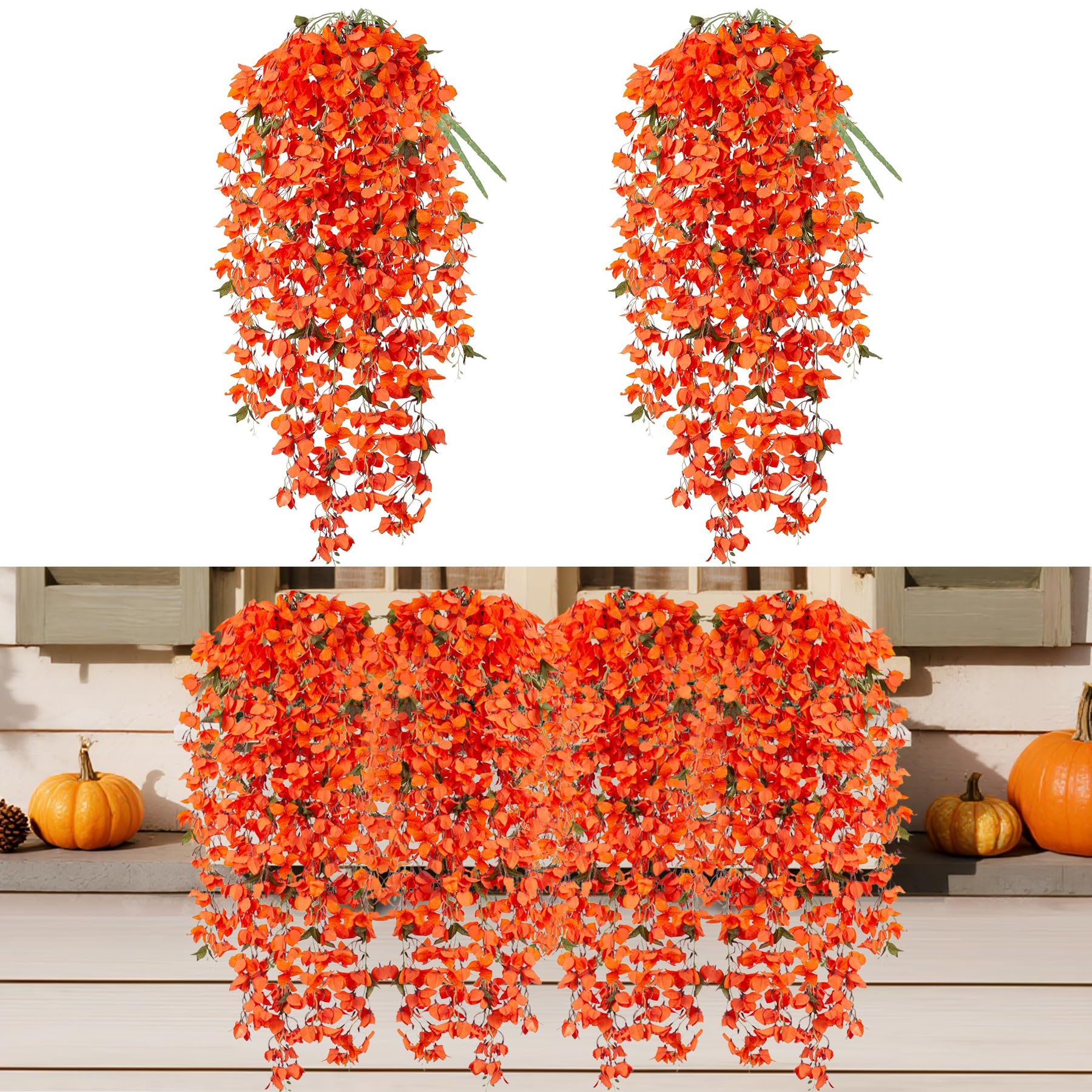 Photo 1 of 2 PCS Artificial Fake Bougainvillea Bouquet Flowers Fall Decor for Outdoors,49 inches Fall Faux Silk Flowers Vines for Home Centerpieces Outside Garden Wall Yard Indoor Table Autumn Decoration(Orange)