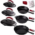 Cuisinel Cast Iron Skillets Set with Lids - 8"+10"+12"-inch Pre-Seasoned Covered Frying Pan Set + Silicone Handle and Lid Holders + Scraper/Cleaner - Use Cookware Indoor/Outdoor, Oven, Stovetop, Fire