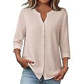 Zeagoo Button Down Shirts for Women 3/4 Sleeve Linen Cotton V Neck Tops Dressy Casual Loose Work Blouses