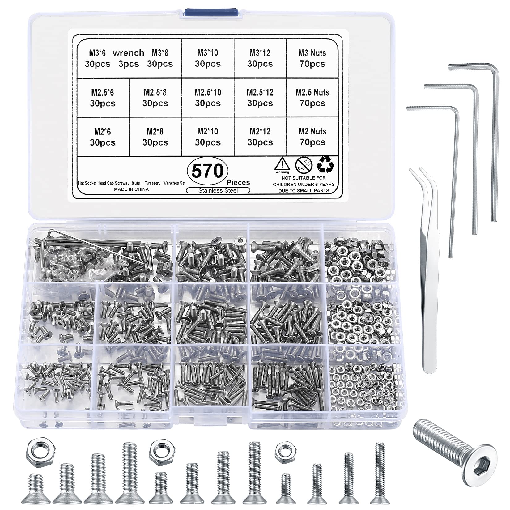 wugongshan 570 Pcs M2/M2.5/M3 Countersunk Head Screws Bolts and Nuts Set, Flat Head Hex Socket Head Cap Machine Screws Bolts and Nuts Kit for Furniture Baby Crib Headboards Chairs (K)