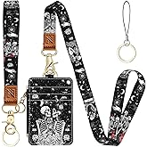 Skeleton Love 2-in-1 ID Badge Holder & Lanyard Wallet for Teachers,Nurse,Professionals-Cute Zippered Coin Pouch,Removable Wristlet & Neck Lanyard,5 Card Slots Stylish Work Essential