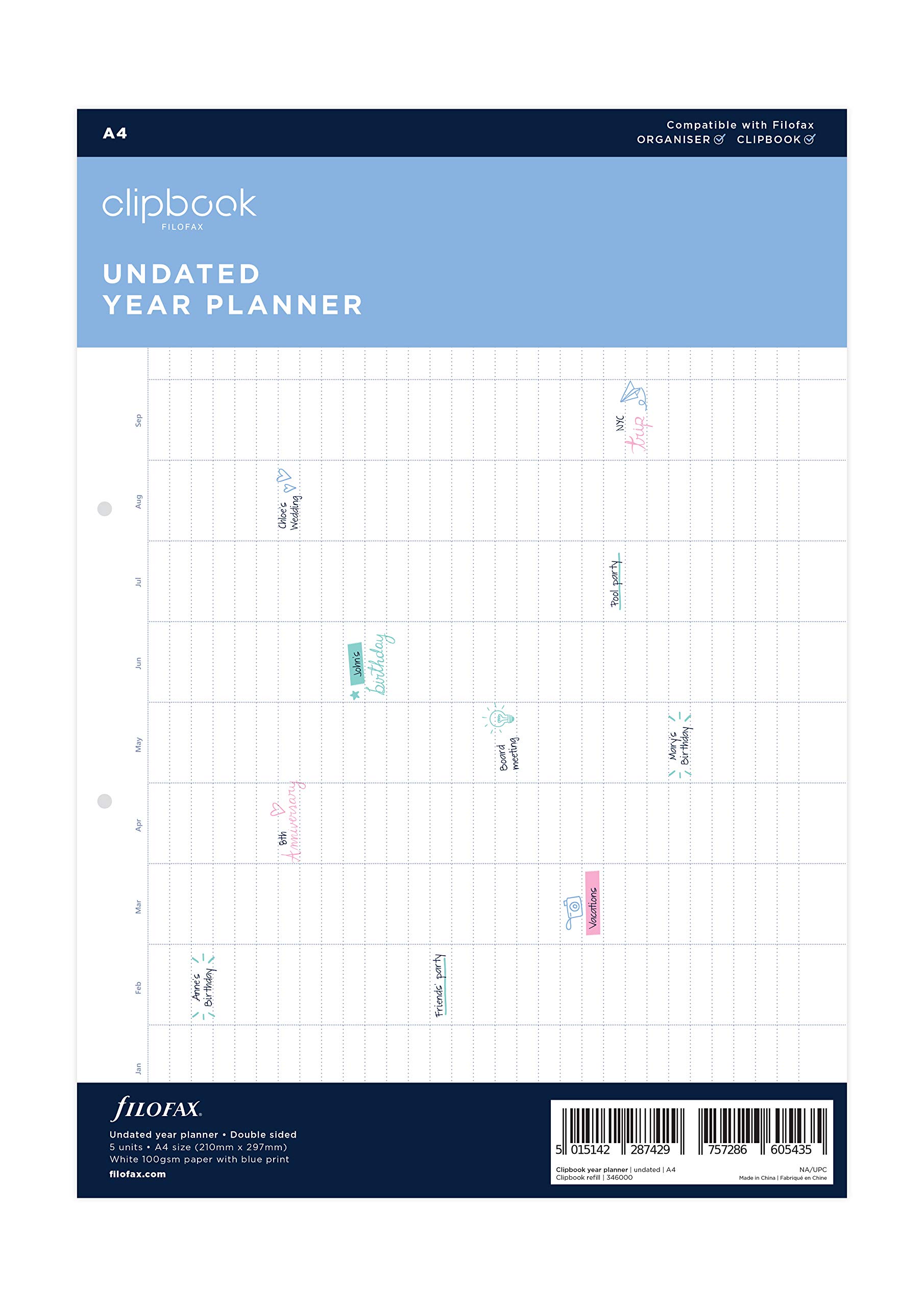 Filofax undated Year Planner A4 Clipbook Refill Bianco