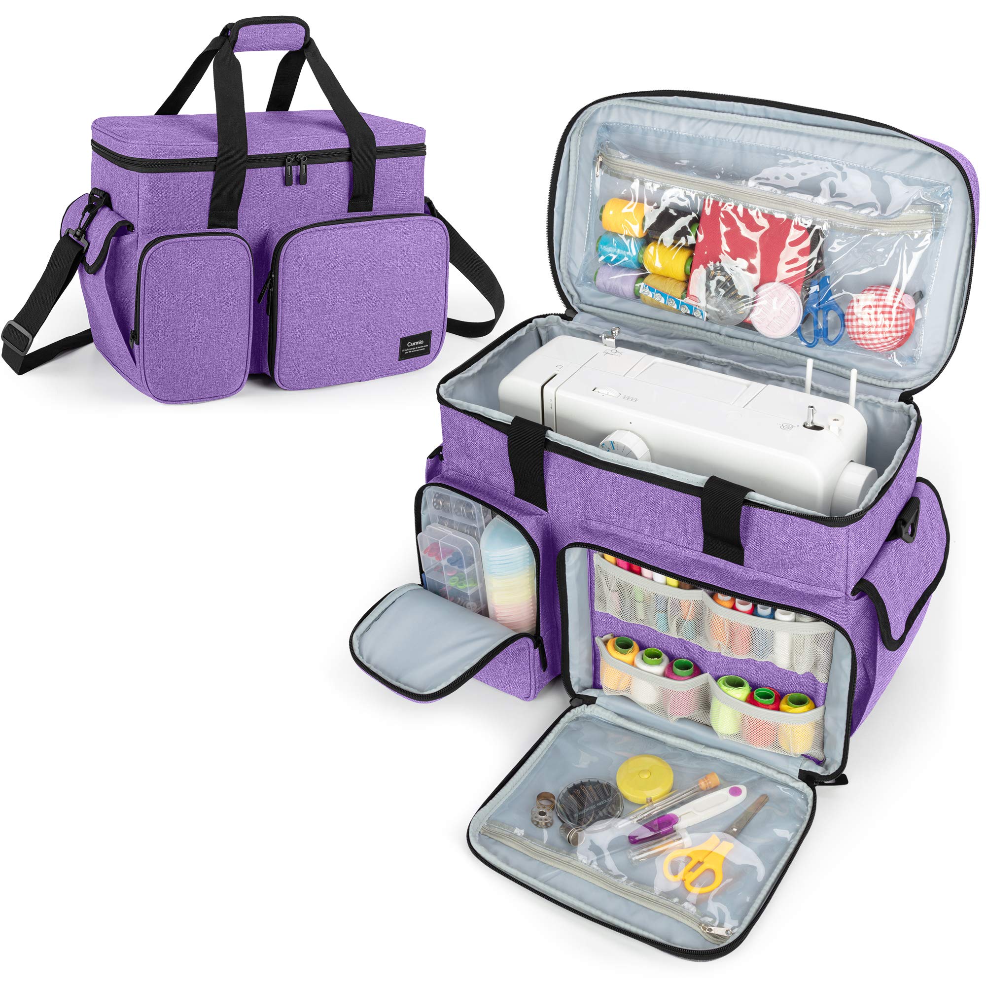 CURMIO Sewing Machine Carrying Case, Universal Tote Bag with Bottom Base Feet Pad Compatible with Most Standard Sewing Machine and Accessories, Purple (Bag Only)