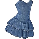 WDIRARA Women's Layered Ruffle Strapless Mini Denim Dress Sleeveless A Line Tube Dresses