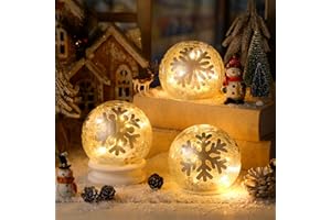 Tujoe 3 Pcs Winter Decorations Indoor 4 Crackle Snowflakes Glass Globe Ball Lamp Night Lights with LED Timer Battery Operated Lighted Decorative Tabletop Decor for Table Home Centerpiece Party Gift