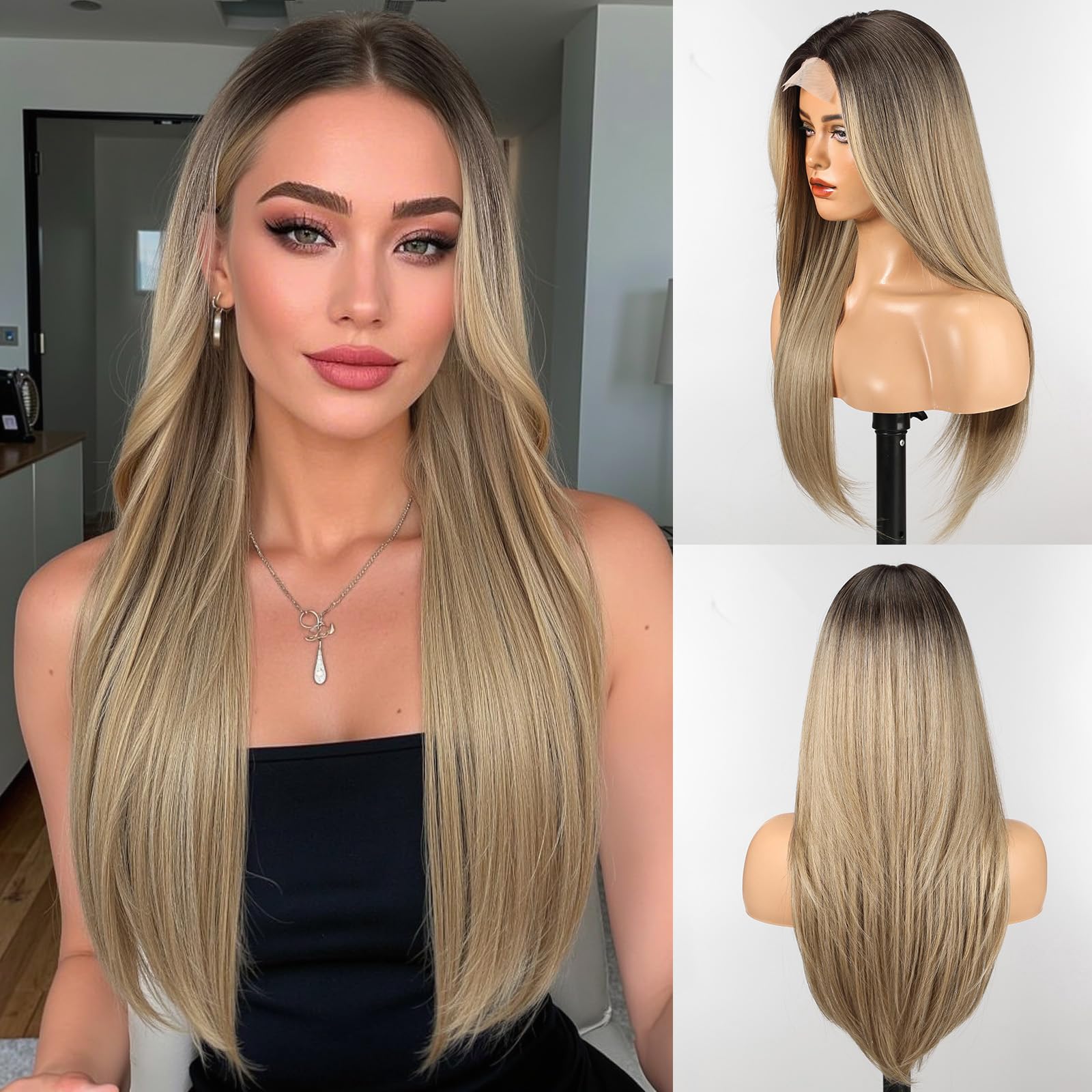 WOKESTAR Long Wigs for Women Synthetic Heat Resistant Hair with Fringe Natural Wigs for Daily Use Ash Brown Color
