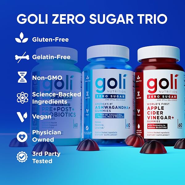 GOLI ZERO SUGAR TRIO – WORLD’S FIRST 3-IN-1 PRE, POST, PROBIOTIC, APPLE CIDER VINEGAR WITH VITAMIN B12 AND PROBIOTICS, ASHWAGANDHA & L-THEANINE, VITAMIN D GUMMIES, 90 COUNT (3-BOTTLE SET)