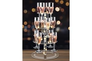 NiHome 3-Tier Clear Acrylic Champagne Tower with String Light, 12-Glass Cocktail Tree Stand Wine Rack, Weddings Parties Bars 