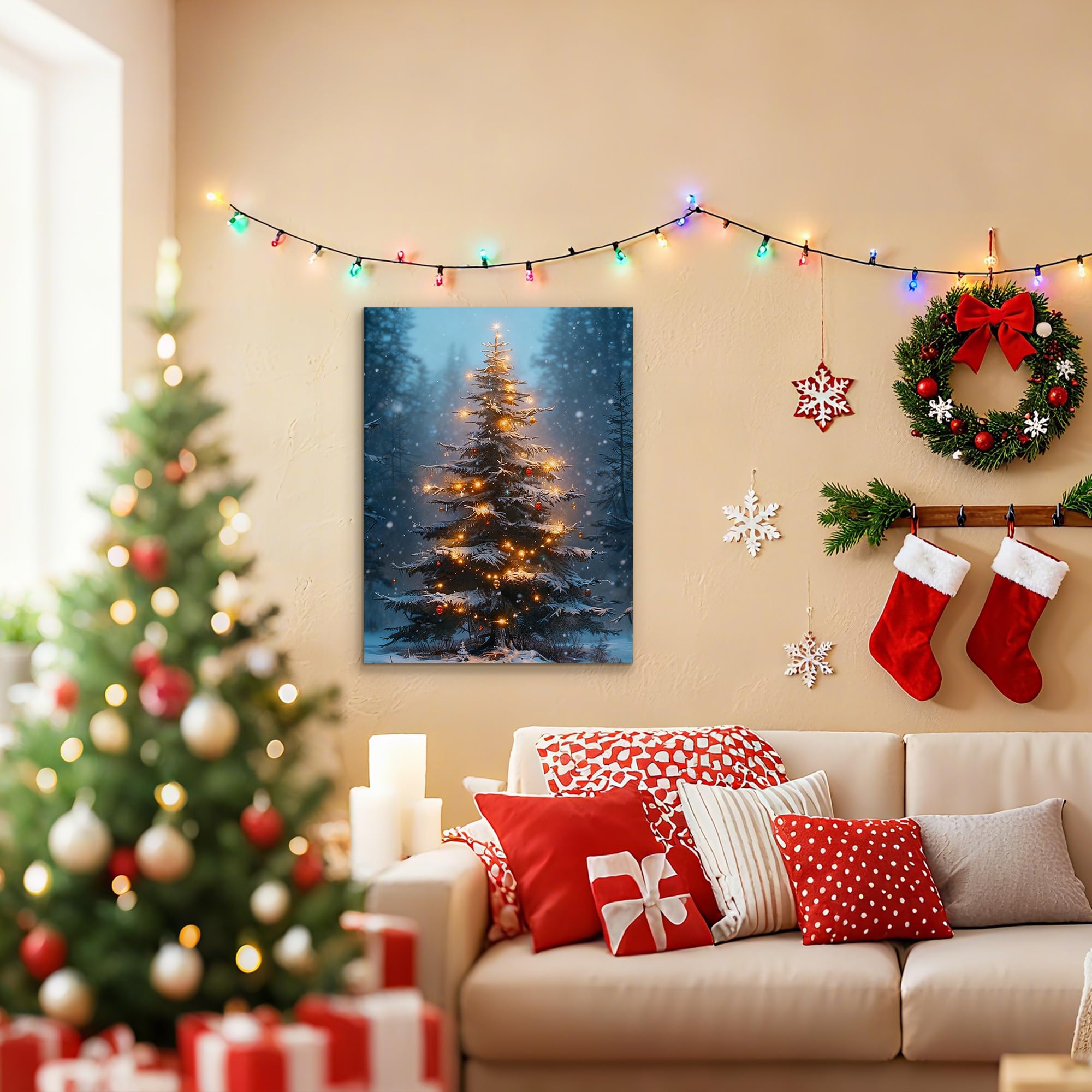 Framed Christmas Pictures Wall Decor,Vintage Pine Tree Prints,Winter Christmas Canvas Wall Art Decoration for Bedroom Bathroom Living Room Rustic Xmas Holiday Gifts (11'' X 14'')