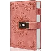 Lock Diary for Women Girls Vintage Lock Journal Refillable Personal Locking Diary Leather Locking Journal Writing Notebook B6 Secret Journal with Combination Passwords 5.5 x 7.8 in, Sunflower Pink