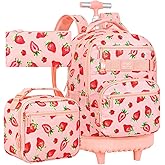 TXHVO 3Pcs Rolling Backpack for Girls Women, Strawberry Kids Roller Bookbag with Wheels, Wheeled Backpacks Set for Elementary Toddler(Pink)
