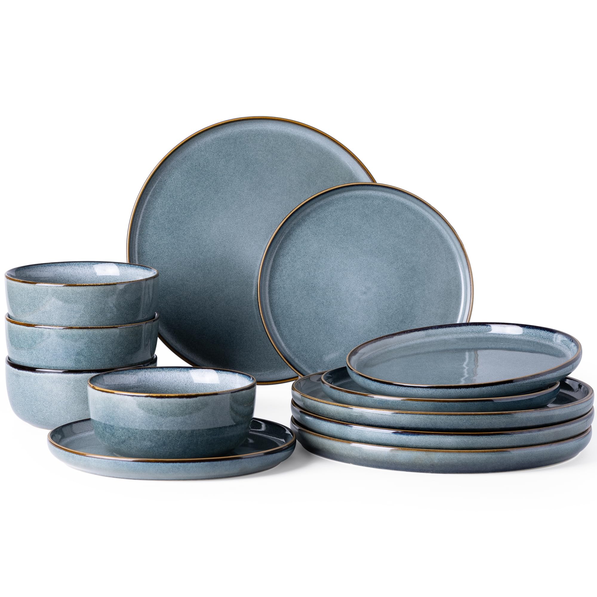 Photo 1 of GBHOME Ceramic Dinnerware Sets for 4, 12 Pieces Stoneware Plates and Bowls Sets, Reactive Glaze Dishes -Scratch Resistant, Dishwasher&Microwave Safe, Space Blue