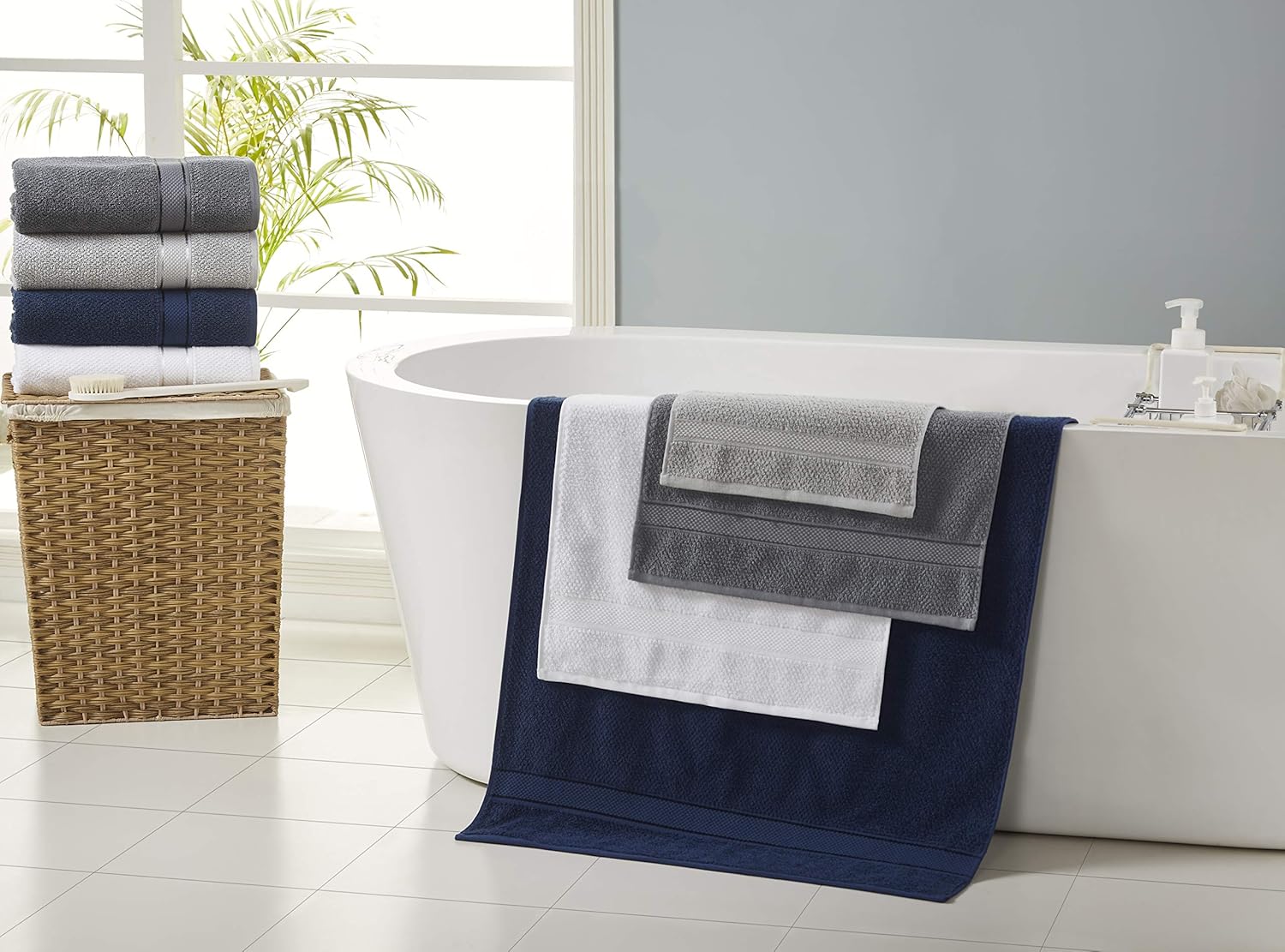 Senses Textured Rice Weave 6 pc Bathroom Towel Set, All Cotton 550 GSM (Navy Color): Home & Kitchen