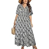 OSTOO Women's Plus Size Hawaii Empire Waist Bat Short Sleeve Casual Floral Print Boho Maxi Dress