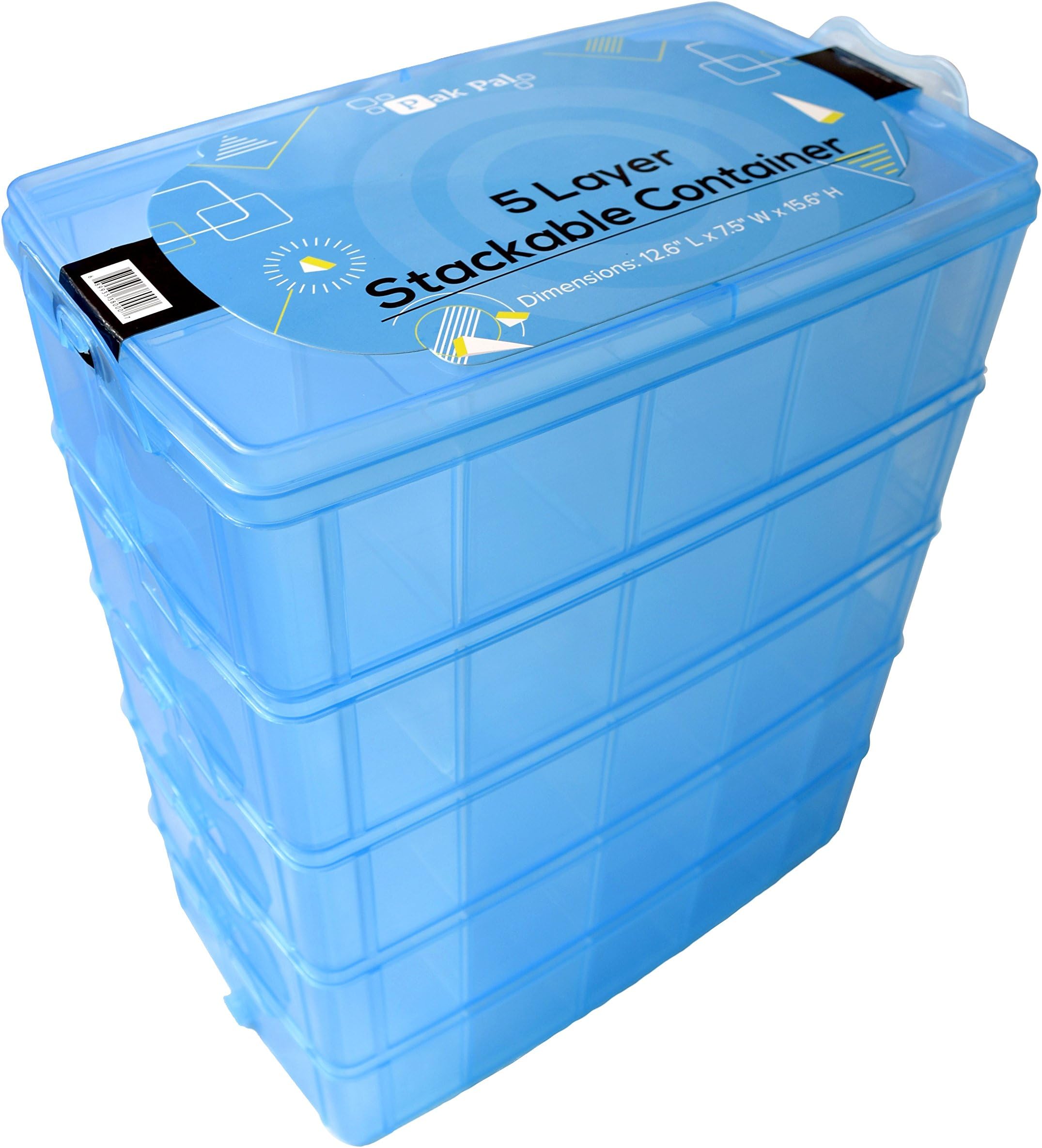 Pak Pal Stackable Storage Container Blue | Toy Organizer Box with 5 Layers of Adjustable Compartments | Carrying Case for Tidy Kids | Includes Fun Glow-In-The-Dark Stickers!