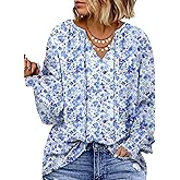 Eytino Plus Size Tops for Women V Neck Long Sleeve Drawstring Floral Boho Print Blouse Shirts Vacation Outfits(1X-5X)