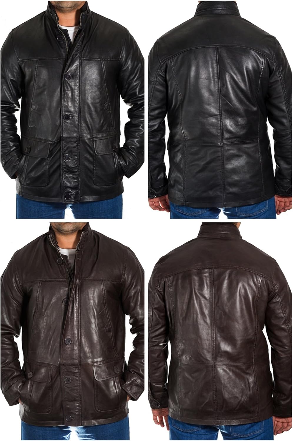 Men's Hunter Hip Length Retro Style Leather Parka Jacket in Black and