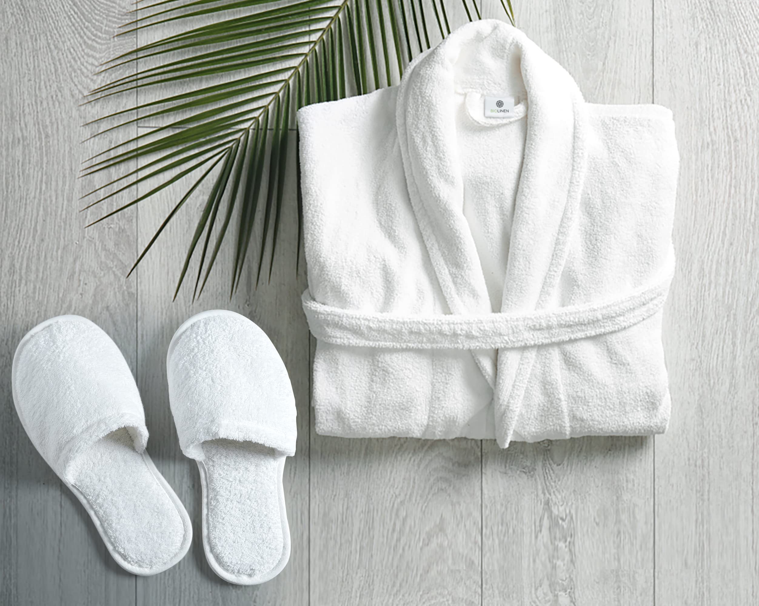 BIOLINEN 100% Cotton Terry Shawl Collar Bathrobe with Slippers – One Robe, Plush Spa Robe for Men & Women, Unisex One Size, White