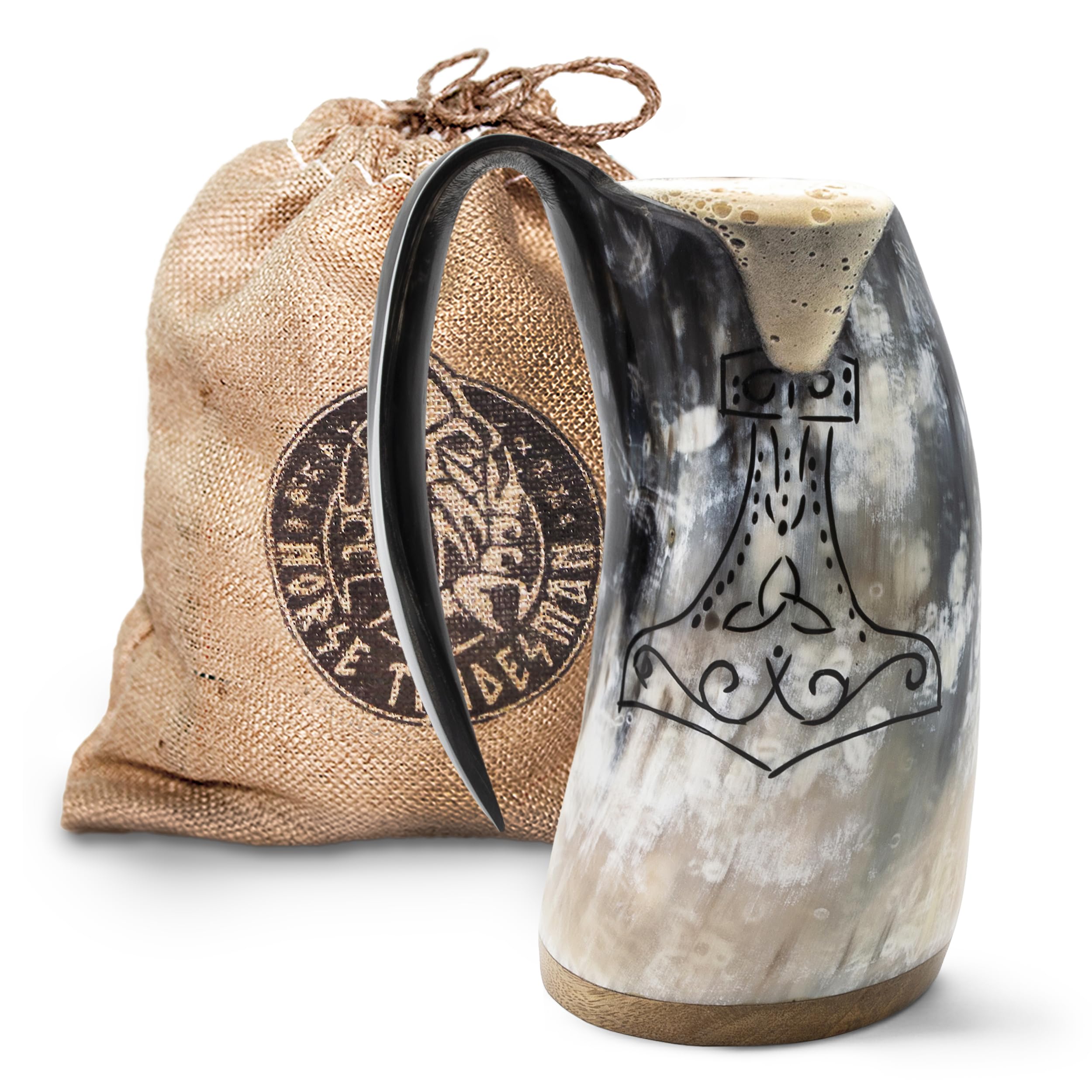 Norse Tradesman Genuine LG Viking Drinking Horn Mug - 100% Authentic Beer Horn Tankard with Thor's Hammer Engraving | The Mjolnir, Polished, Approx. 500 MLS,