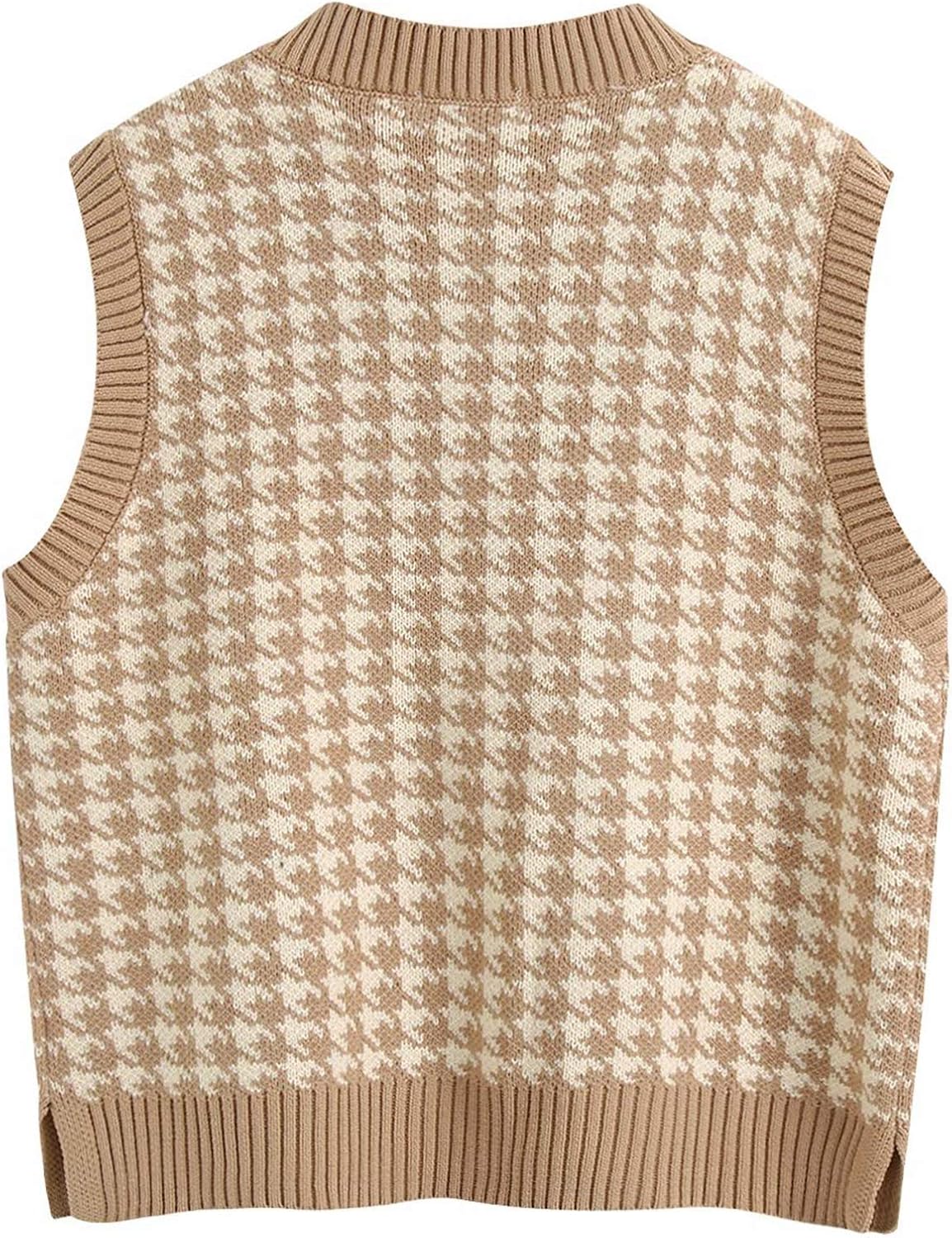 Oversized Houndstooth Knitted Women Sweater Vest V Neck Vintage Pullover Tank Tops at  Women’s Clothing store