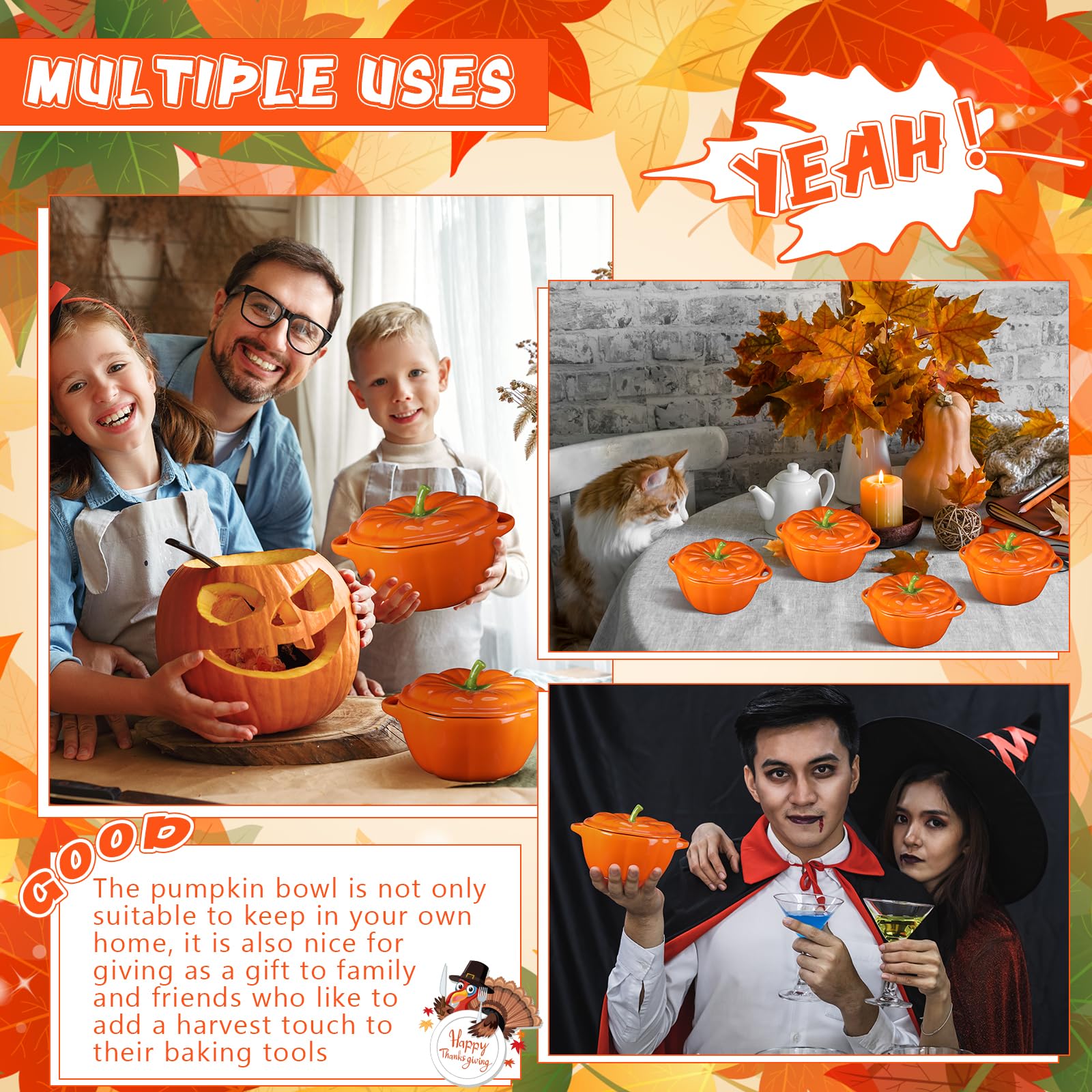 2 Pcs Pumpkin Bowls Ceramic Pumpkin Dish 13 oz Casserole Cookware Serving Pot Safe Oven Pot with Lid and Handle for Fall Halloween Thanksgiving Autumn Cooking Baking Dessert
