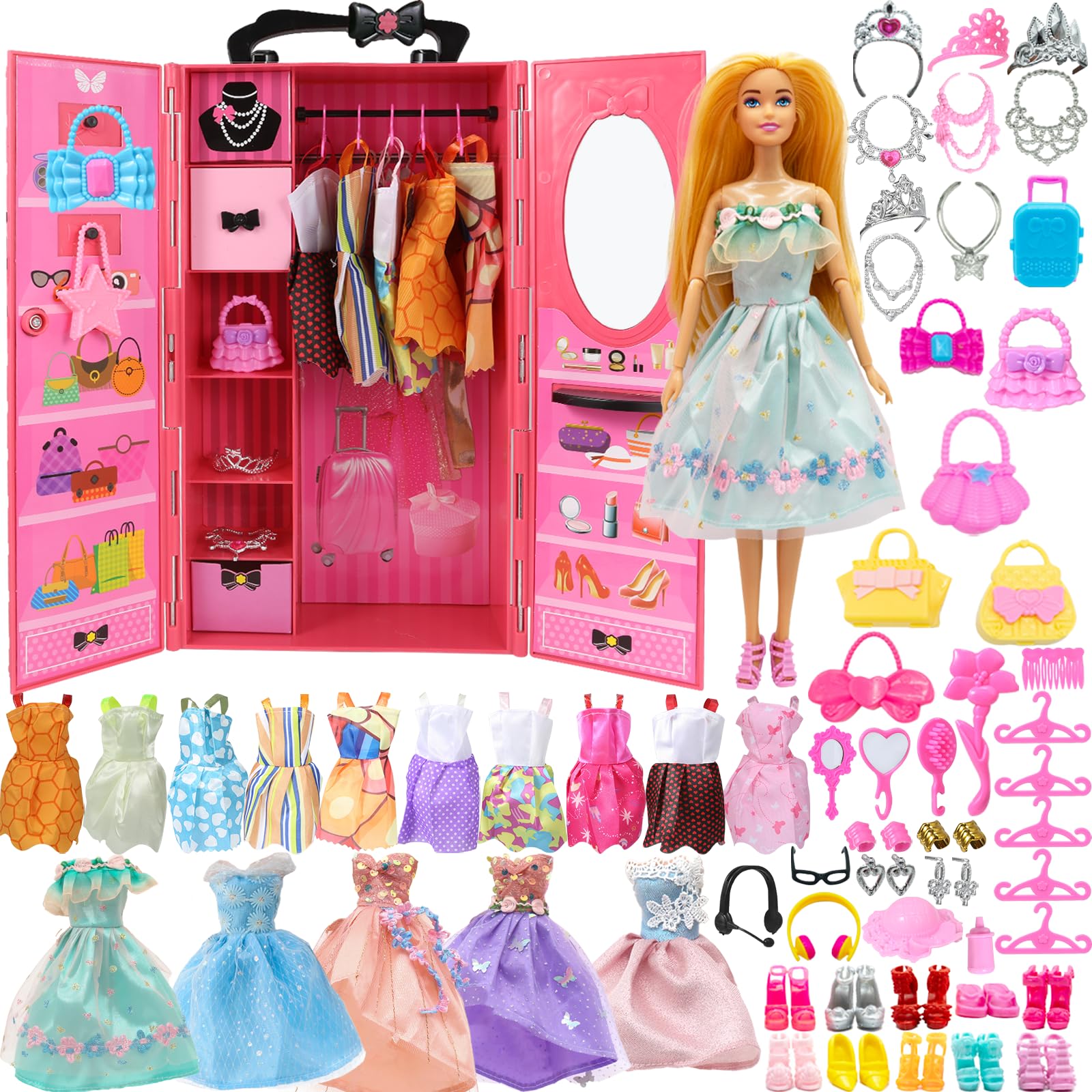 Yutoy Dolls Wardrobe Set for Clothes, 11.5 Inches Girl Doll, 63 Accessories, Fashionistas Dolls, Including Doll Closet, Dress, Shoes, Bags, Coat Hangers, Headdress, Comb, Mirror (Red)