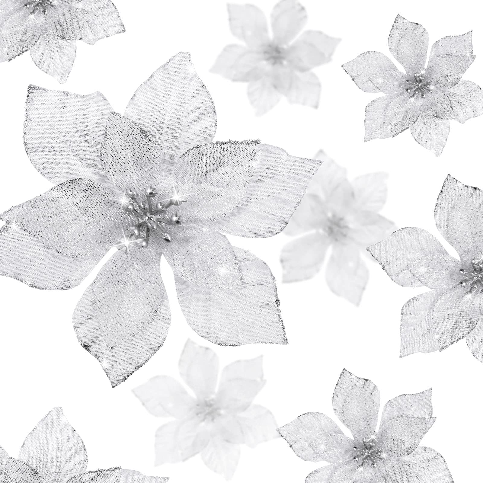 WILLBOND 24 Pieces 3 Size Christmas Glitter Poinsettia Flowers Wedding Faux Flowers Christmas Decoration Ornaments For Christmas tree New Year Home Outdoor Decoration (Silver,3.2/4/6 Inches)