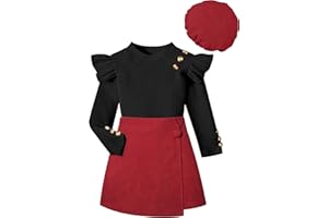 MIGU Girls Clothes Ruffle Long Sleeve Round Neck Button Top Skirt Short Beret Fall Outfit 3 Piece Skirt Set