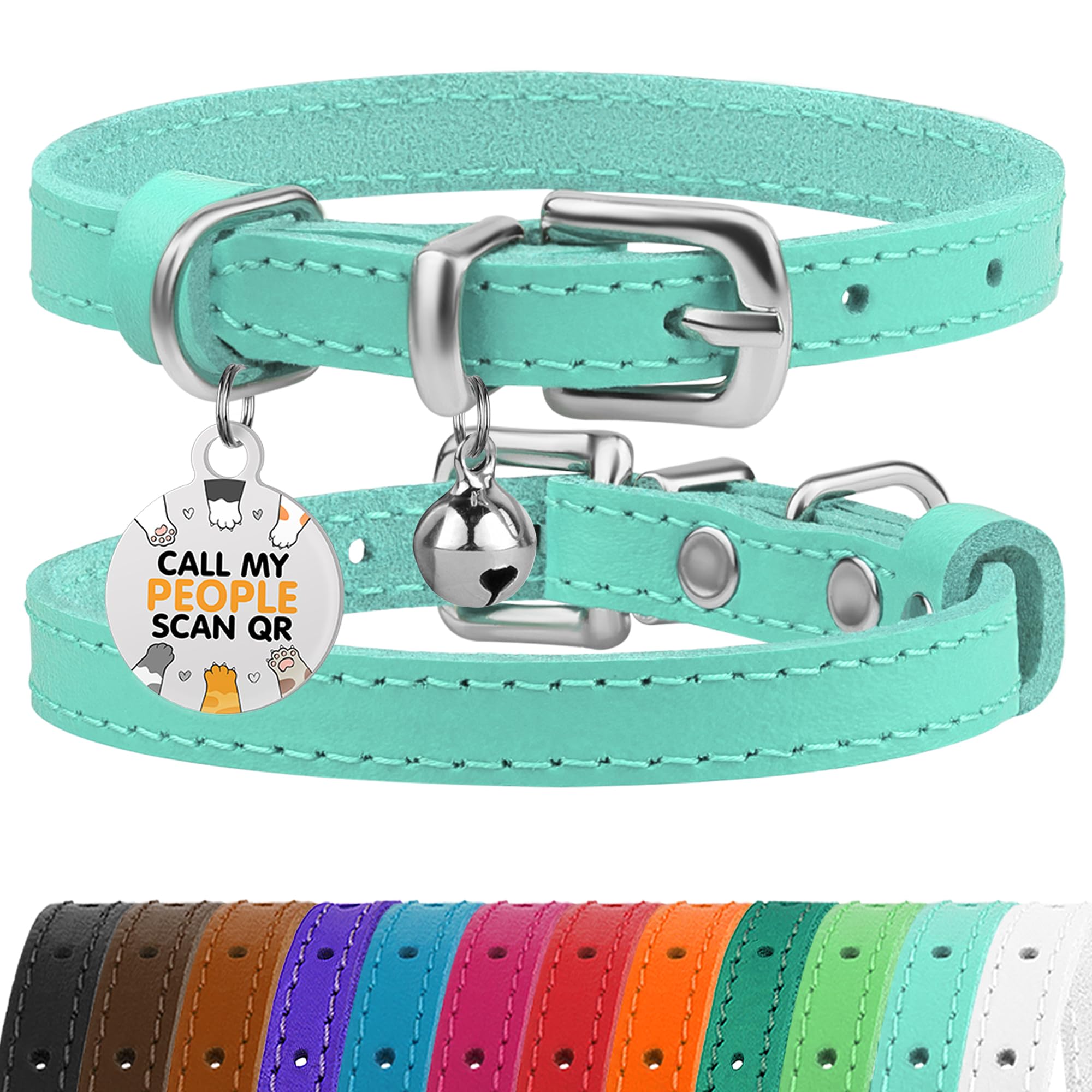 BRONZEDOG Leather Cat Collar with Removable QR-ID Tag – Kitten Collar with Bells, Non-Breakaway, for Girls & Boys (23-28 cm, Turquoise & Silver)