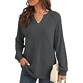 BLENCOT Long Sleeve Shirts for Women Trendy V Neck Fall Tops Cute Casual Waffle Loose Fitted Sweatshirt