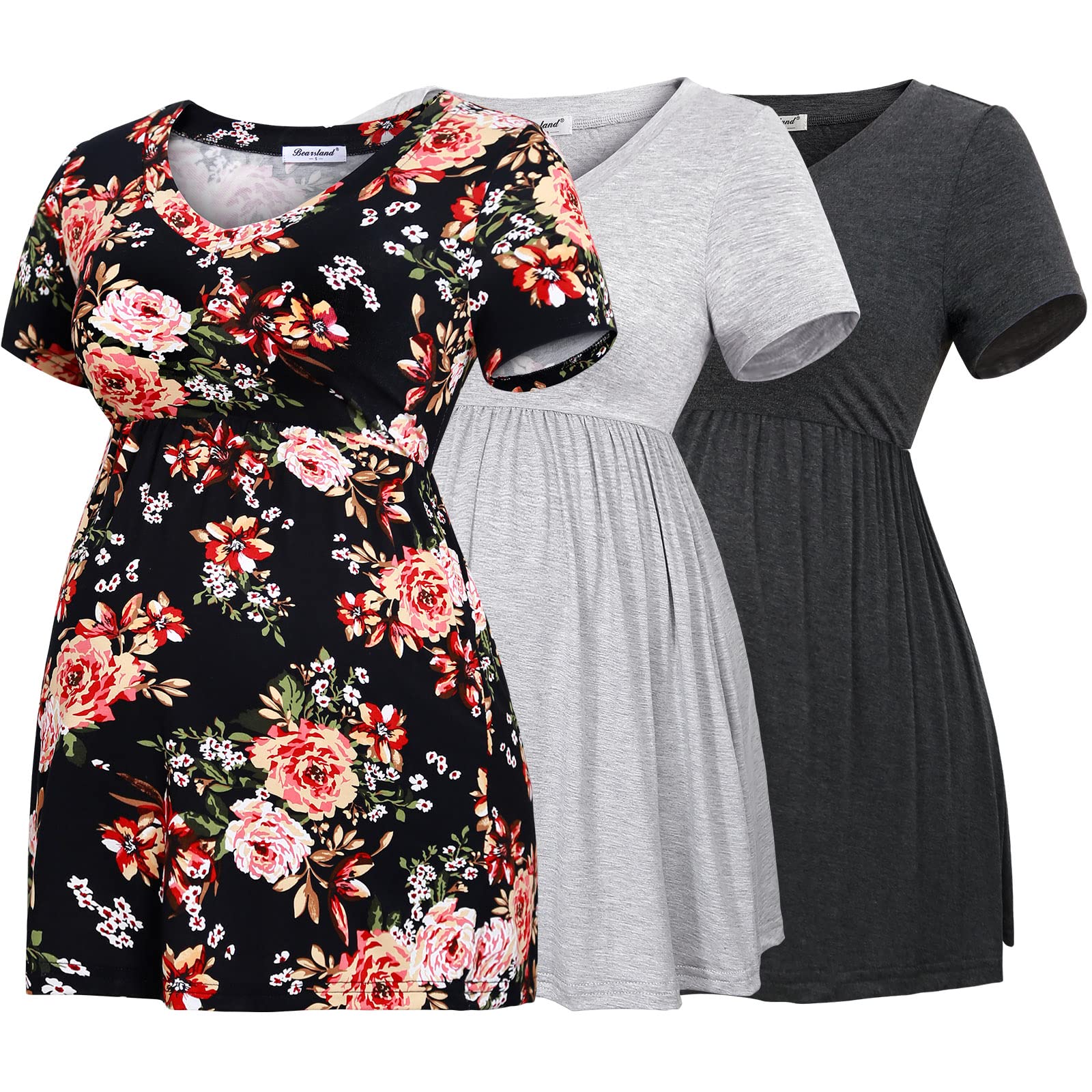 Photo 1 of *ONLY 2* Bearsland Maternity Tops Short Sleeve V- Neck Breastfeeding Shirt Pregnancy Clothes,Deep Grey&Light Grey&Black Flower,S