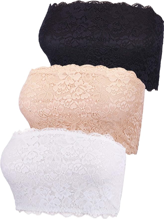 Vintage Style Bras | Classic Bra, Old Style Bras Boao 3 Pieces Womens Floral Lace Tube Top Bra Bandeau Strapless Bras Seamless Stretchy Chest Wrap AT vintagedancer.com