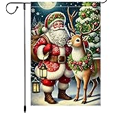 Christmas Santa and Reindeer Garden Flag 12x18 Inch Double Sided Burlap Holiday Yard Banner for Outdoor Lawn Porch Patio Winter Seasonal Decoration Christmas Tree