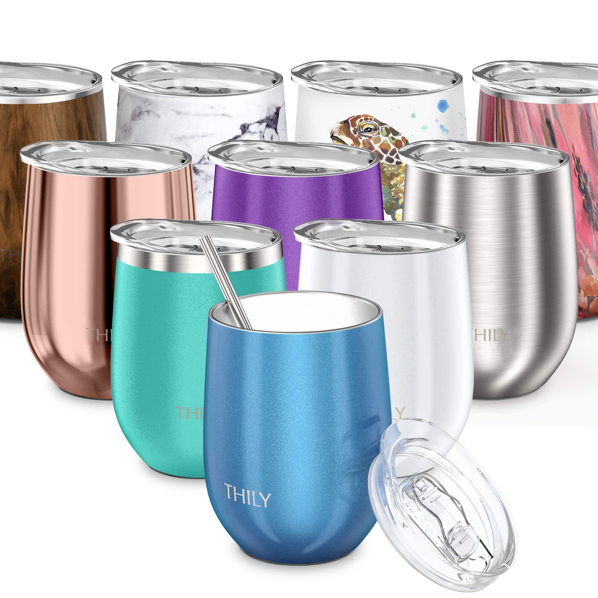 THILY Wine Tumbler Vacuum Insulated Stemless 350 ml Triple-Insulated Stainless Steel Cute Travel Wine Glass with Lid and Straw, Keep Cold or Hot for Wine, Coffee, Cocktails and Drinks, Sparkle Blue