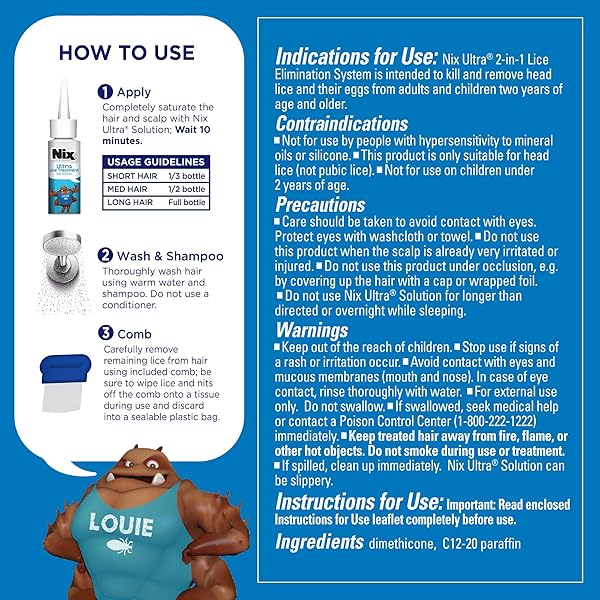 NIX ULTRA LICE REMOVAL KIT, LICE TREATMENT HAIR SOLUTION, 3.4 FL OZ & LICE REMOVAL COMB
