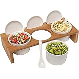 (3 Pcs) 3.5-Inch Ceramic Condiment Dip Sauce Ramekins Set w/ Lids & Spoons on Bamboo Sampler Serving Tray