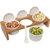 MyGift 10 Pcs Sauce Serving Dish, Hosting Party Essentials Host Gift, 3 Ceramic Ramekin Chip Dip Bowls with Lids &amp; Spoons, Premium Bamboo Server Tray, Condiment Pot Entertaining