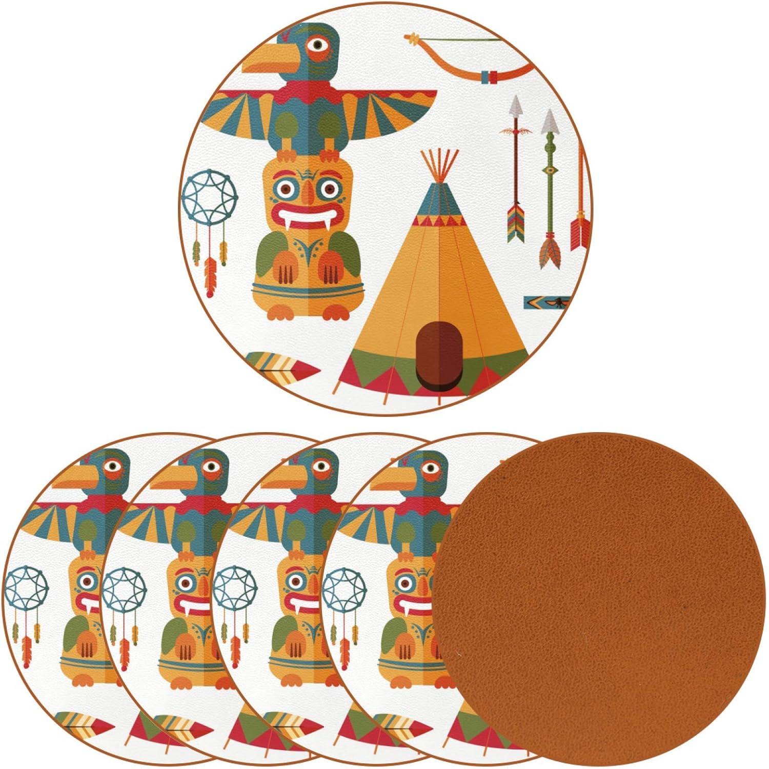 Beverage Coaster - American Indian Art Ceramic Drinks Coasters with Leather, 6 Pieces Sets