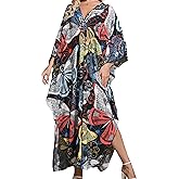 Woxscury Kaftan Dresses Colorful Floral Print Cover Ups Maxi Beach Cover Ups V Neck Batwing Sleeve for Women Swimwear