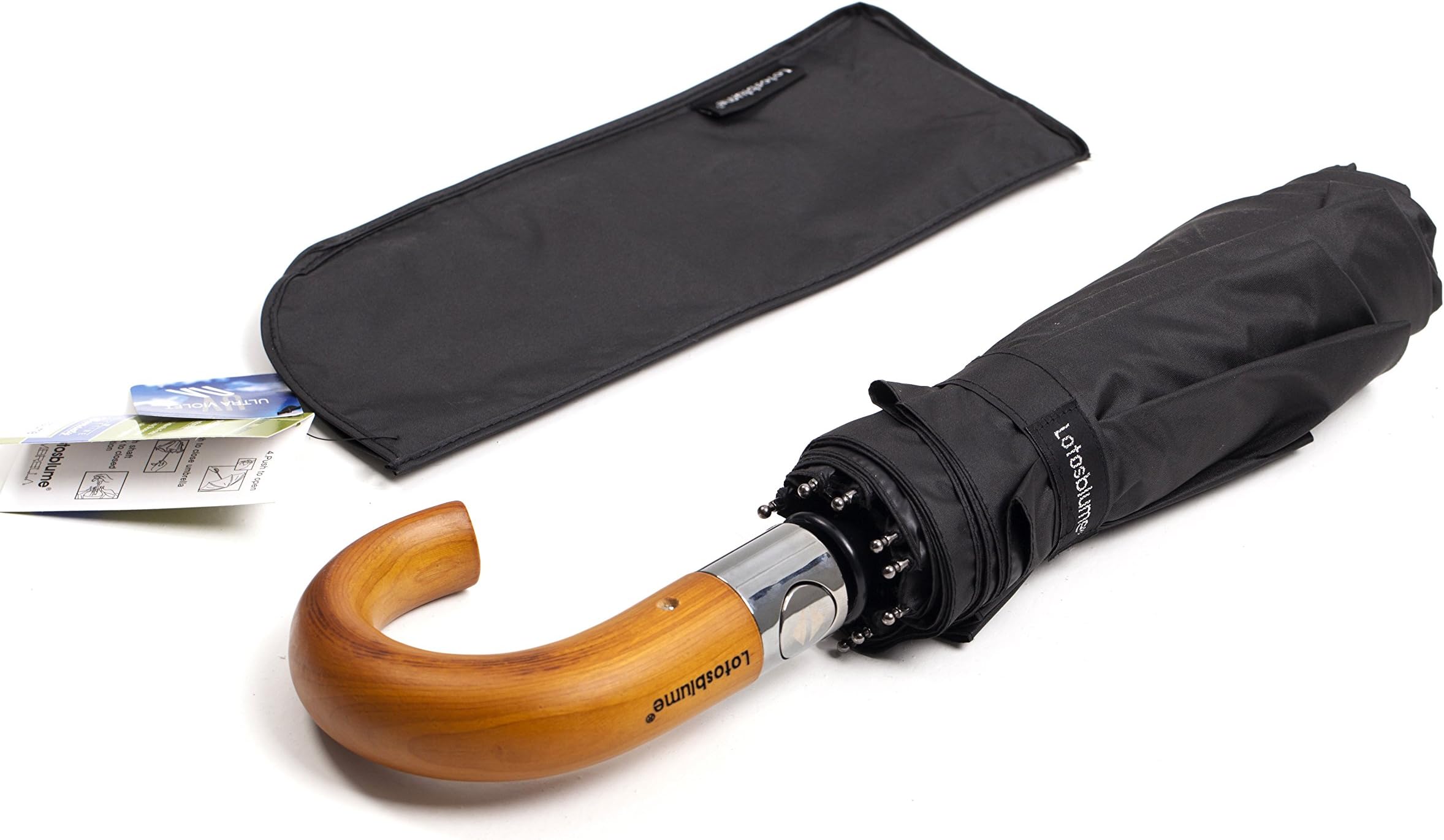 Lotosblume Umbrella Windproof Compact Automatic Auto Open Close Travel with Wood J Handle, 10 Ribs Black