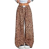 OYOANGLE Women's Leopard Wide Leg Pants Letter Patched Elastic High Waist Cheetah Print Trousers