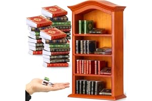 CRTIIN Miniatures Book and Bookshelf Set Includes 27 Pcs 1:12 Scale Miniatures Dollhouse Books 1 Pcs Wooden Bookcase 4 Floors Furniture Display Bookshelf Cabinet Dollhouse Decoration for Mini House Library