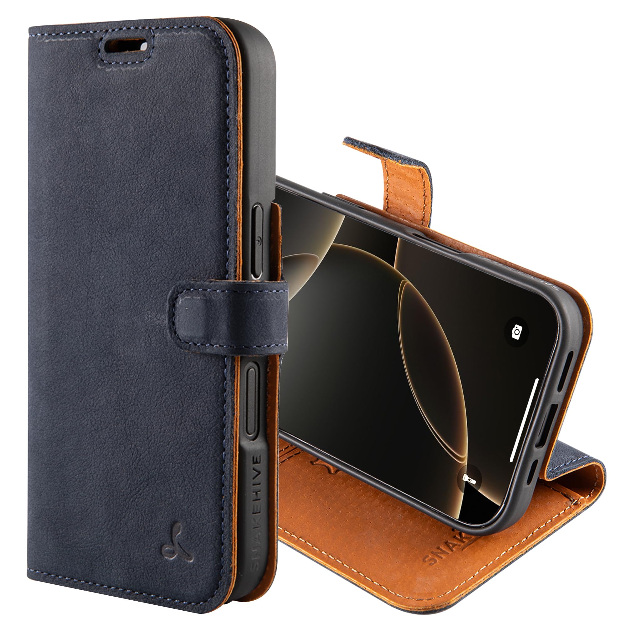 Snakehive Leather Wallet for iPhone 16 - Real Leather Wallet Phone Case with Viewing Stand and Card Holder - Flip Folio Cover with Card Slots (Navy) — image 1